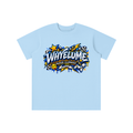 Front view of light blue WHYELUME Kids Arcade Energy tee with yellow and blue comic burst logo graphic