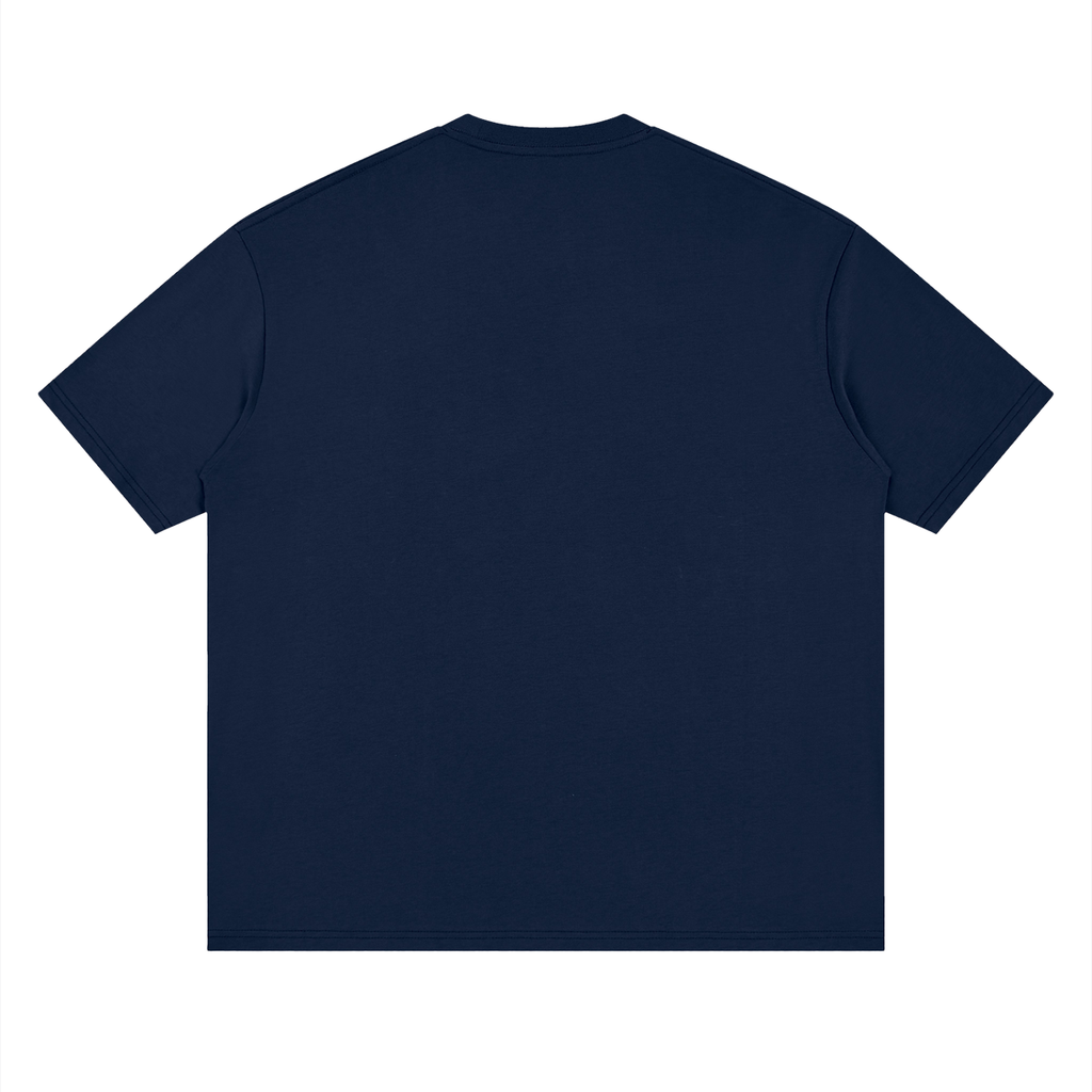 Back view of navy blue WHYELUME Purpose Illuminated contrast drop shoulder tee with no print