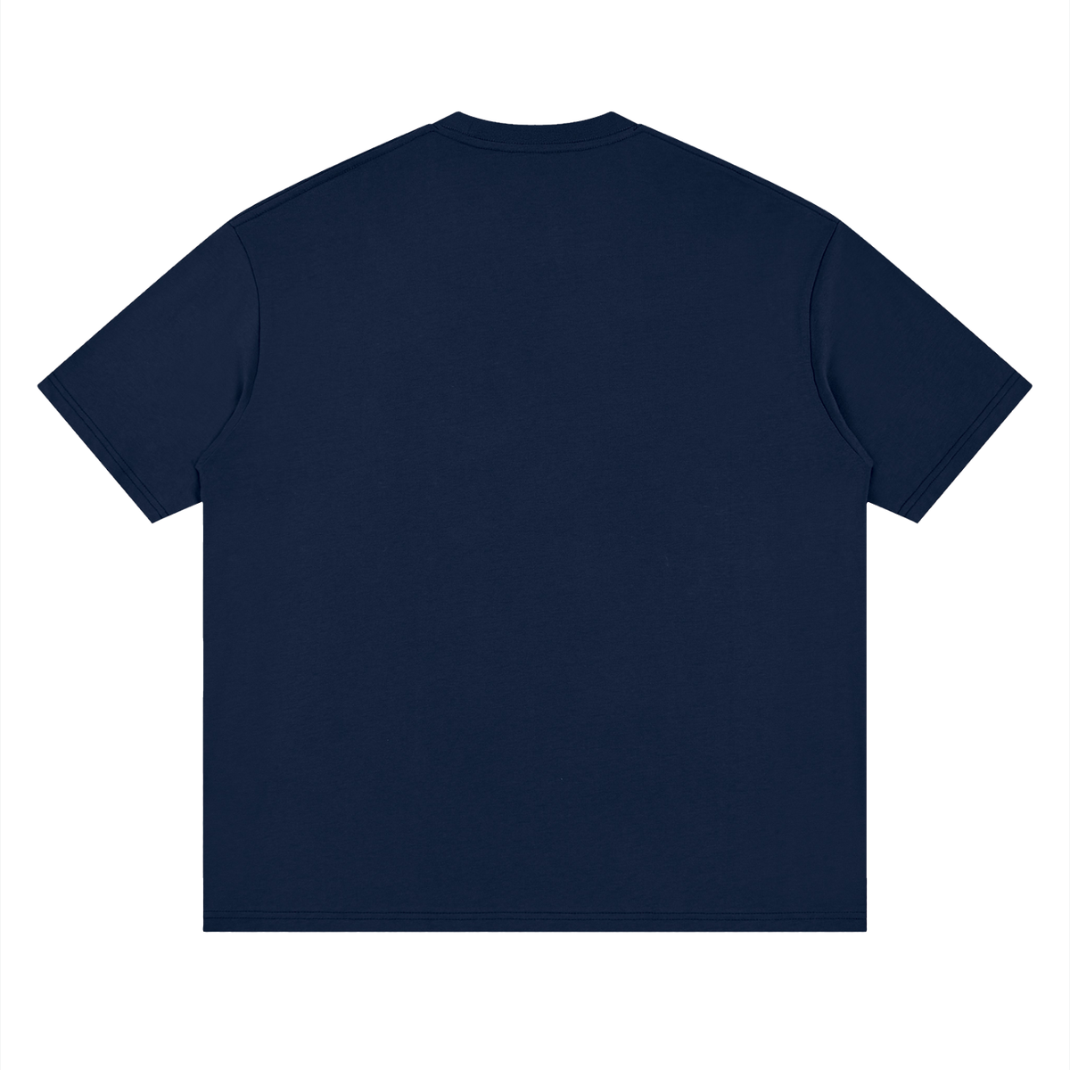 Back view of navy blue WHYELUME Purpose Illuminated contrast drop shoulder tee with no print