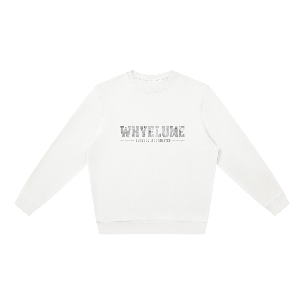 Front view of white WHYELUME Essentials Radiant Mark crewneck with small gray wordmark chest graphic