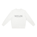 Front view of white WHYELUME Essentials Radiant Mark crewneck with small gray wordmark chest graphic
