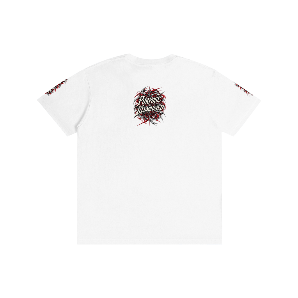 Back view of lucent white WHYELUME Purpose Illuminated pure cotton tee with small red circular graphic