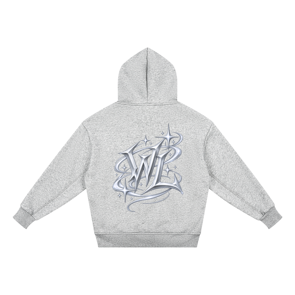 Back view of flower gray WHYELUME Kids Radiant WL hoodie with silver WL monogram graphic
