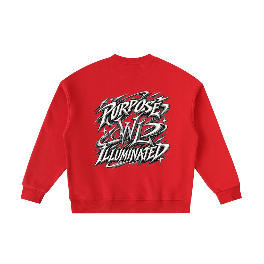 Back view of red WHYELUME Kids Purpose Illuminated crewneck with white Purpose Illuminated graphic