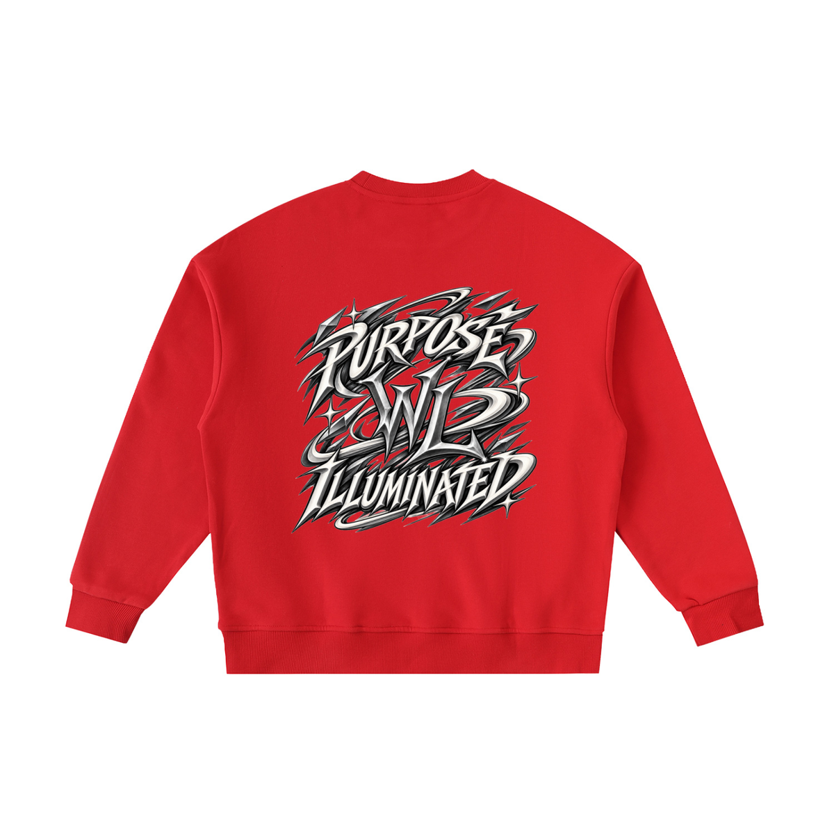 Back view of red WHYELUME Kids Purpose Illuminated crewneck with white Purpose Illuminated graphic