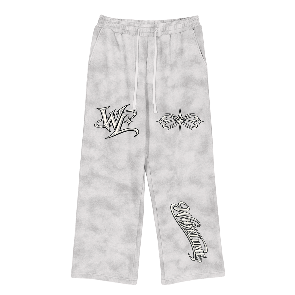 Front view of flower gray WHYELUME Purpose Illuminated dirty washed fleece sweatpants with black WL and WHYELUME script leg graphics