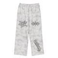 Front view of flower gray WHYELUME Purpose Illuminated dirty washed fleece sweatpants with black WL and WHYELUME script leg graphics