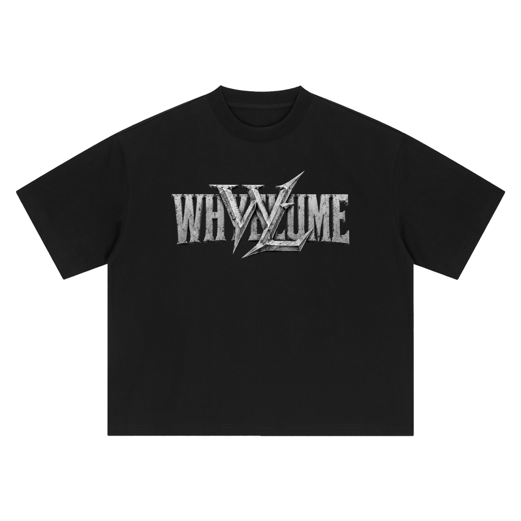 Front view of black WHYELUME Forged Mark boxy oversized heavyweight tee with weathered stone wordmark and WL blade graphic