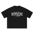 Front view of black WHYELUME Forged Mark boxy oversized heavyweight tee with weathered stone wordmark and WL blade graphic