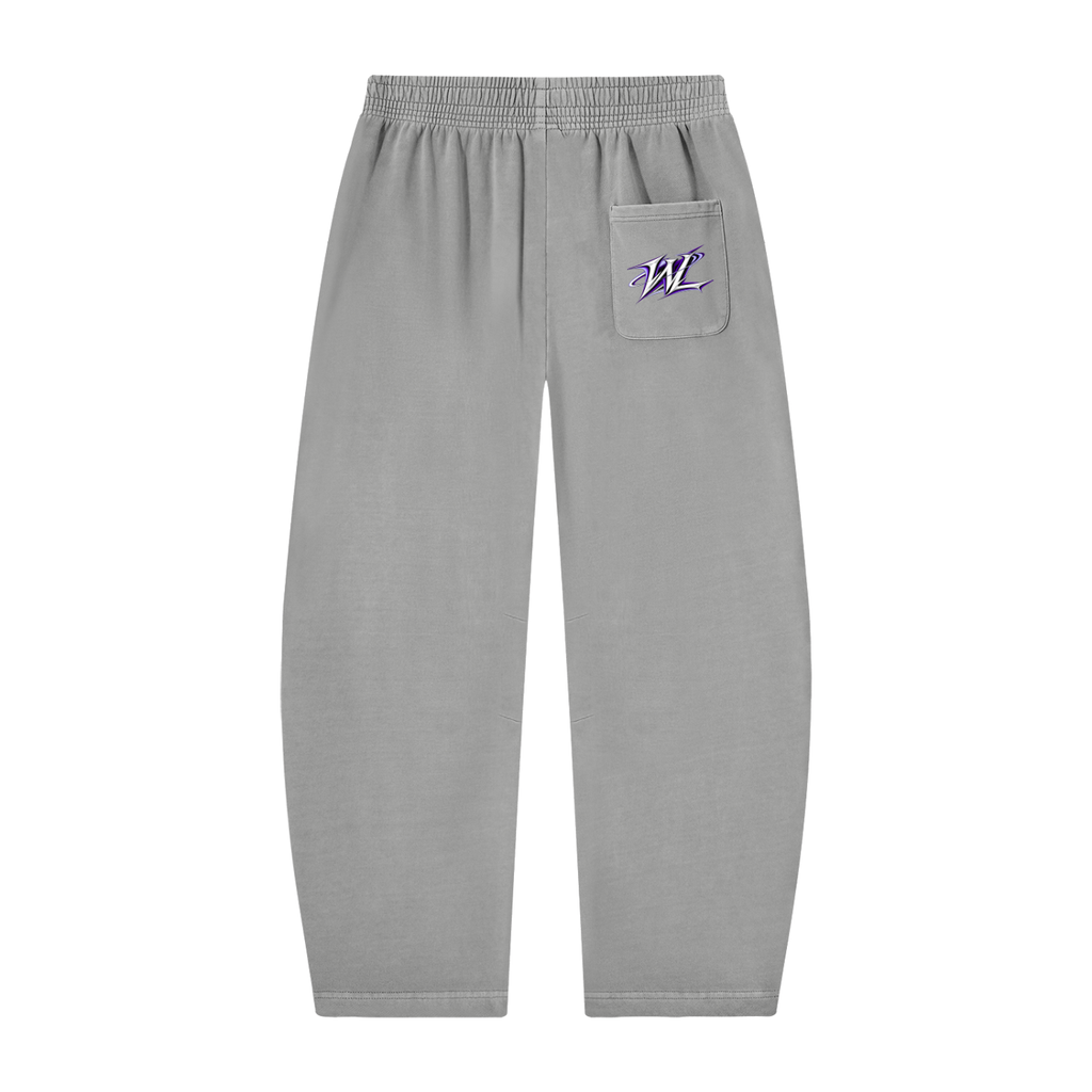 Back view of light gray WHYELUME Purpose Illuminated purple graphic barrel-leg sweatpants with white WL hip mark