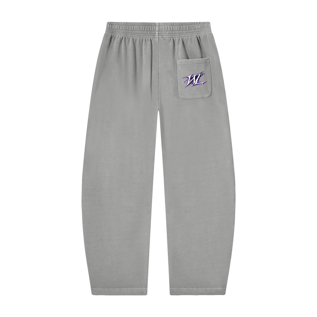 Back view of light gray WHYELUME Purpose Illuminated purple graphic barrel-leg sweatpants with white WL hip mark