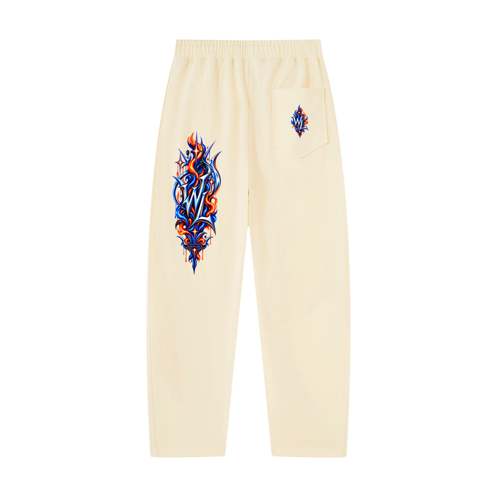 Back view of apricot WHYELUME Purpose Illuminated sweatpants with blue and orange leg graphic