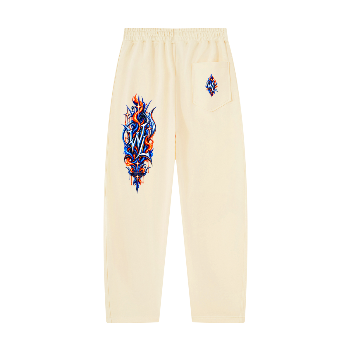 Back view of apricot WHYELUME Purpose Illuminated sweatpants with blue and orange leg graphic