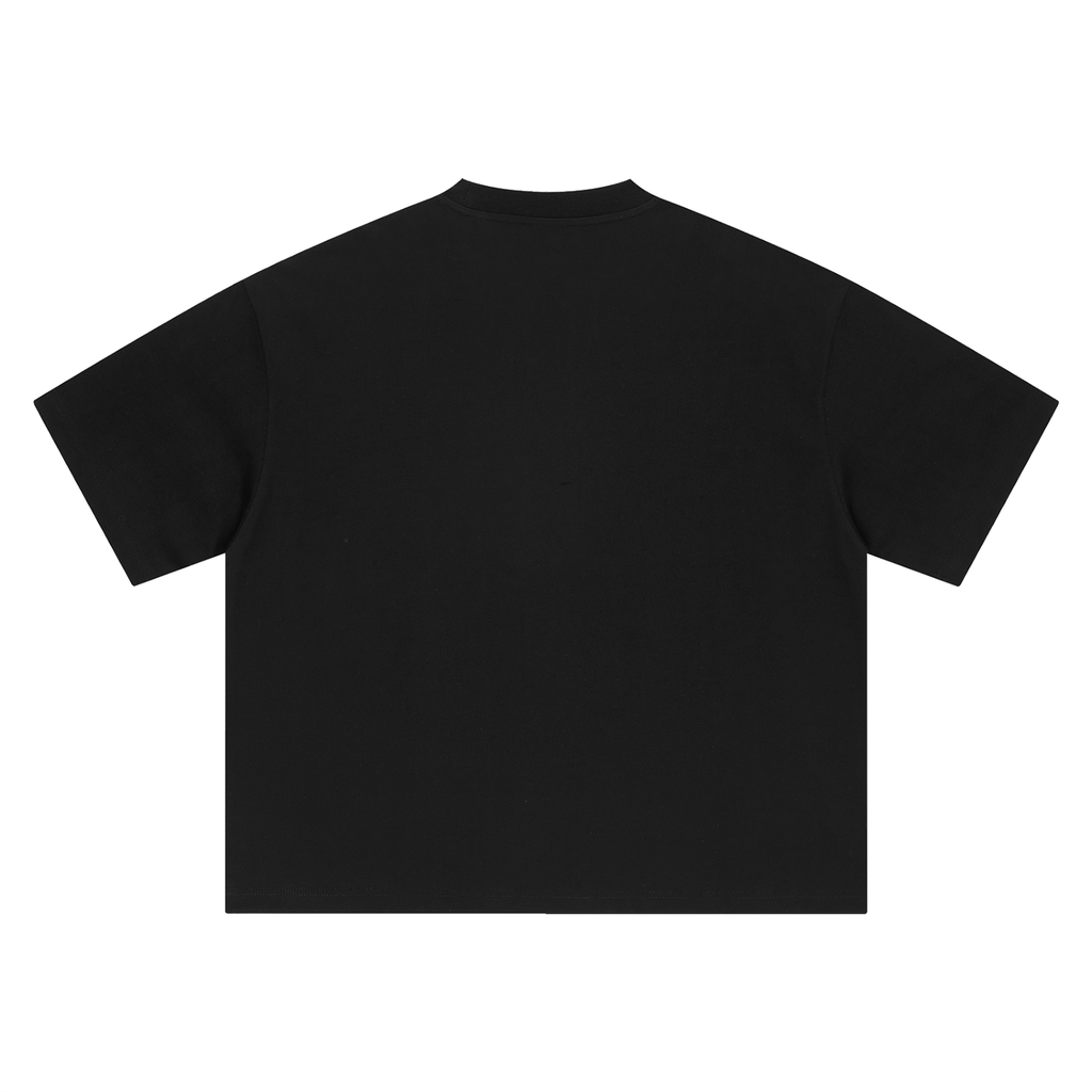 Back view of black WHYELUME Forged Mark boxy oversized heavyweight tee with no print
