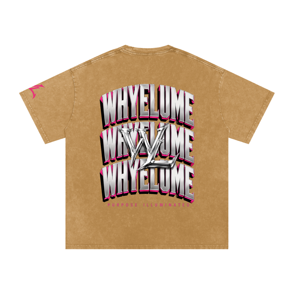 Back view of light brown snow washed WHYELUME Chrome Stack tee with white and pink stacked wordmark graphic