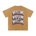 Back view of light brown snow washed WHYELUME Chrome Stack tee with white and pink stacked wordmark graphic