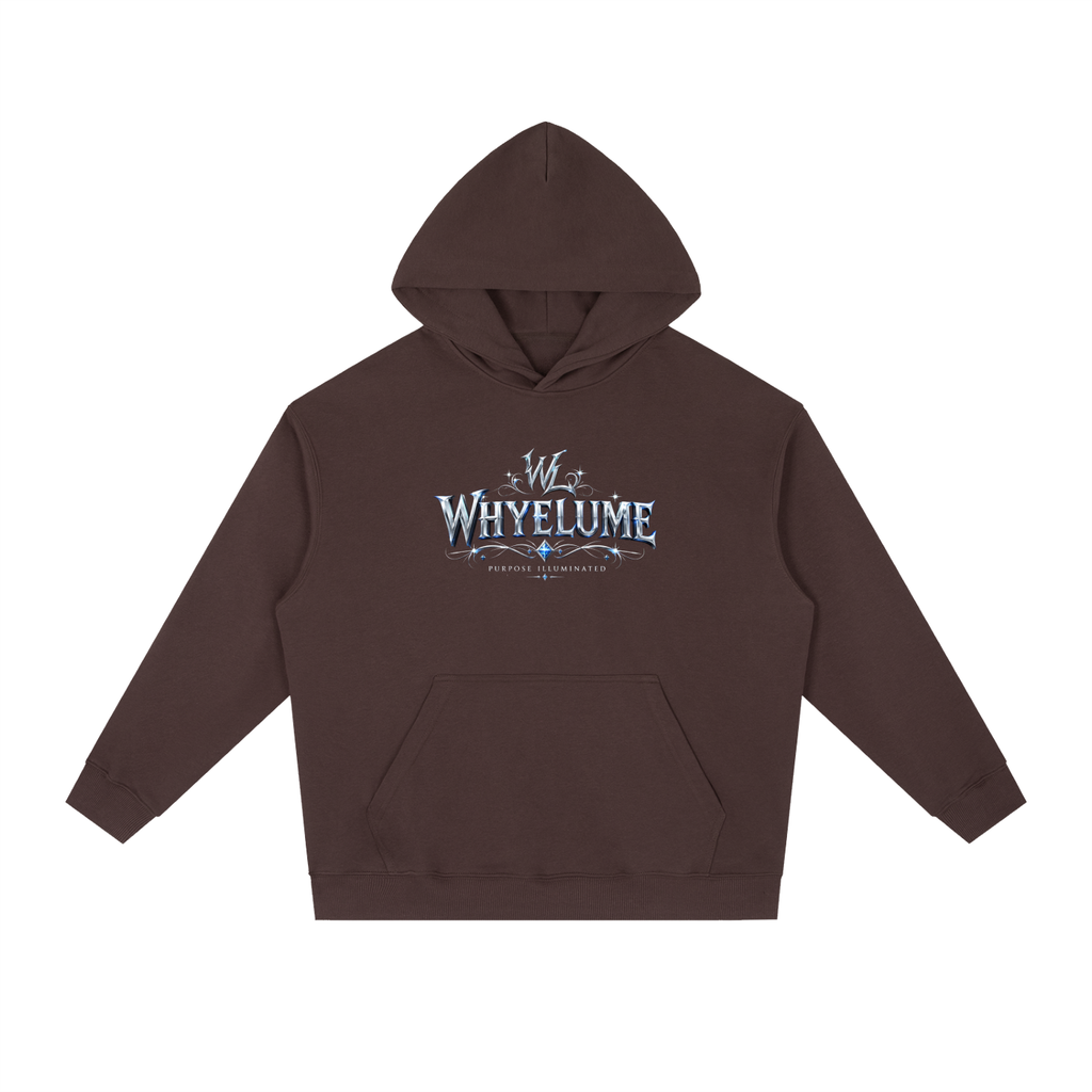 Front view of ume purple WHYELUME Silver Crest drop-shoulder hoodie with silver crest wordmark chest graphic