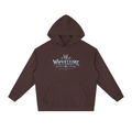 Front view of ume purple WHYELUME Silver Crest drop-shoulder hoodie with silver crest wordmark chest graphic