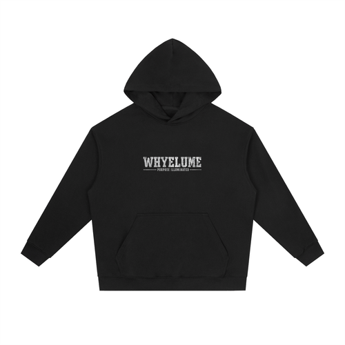 Front view of black WHYELUME Essentials Radiant Mark drop-shoulder hoodie with small white wordmark chest graphic