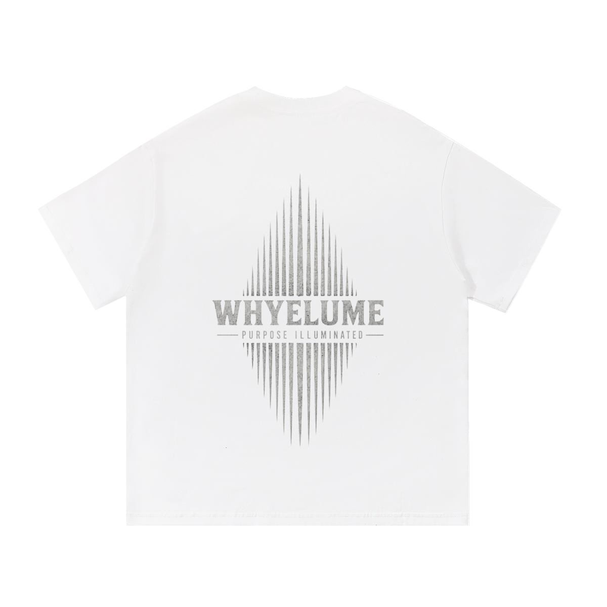 Back view of white WHYELUME Essentials Radiant Mark tee with gray radiant burst graphic
