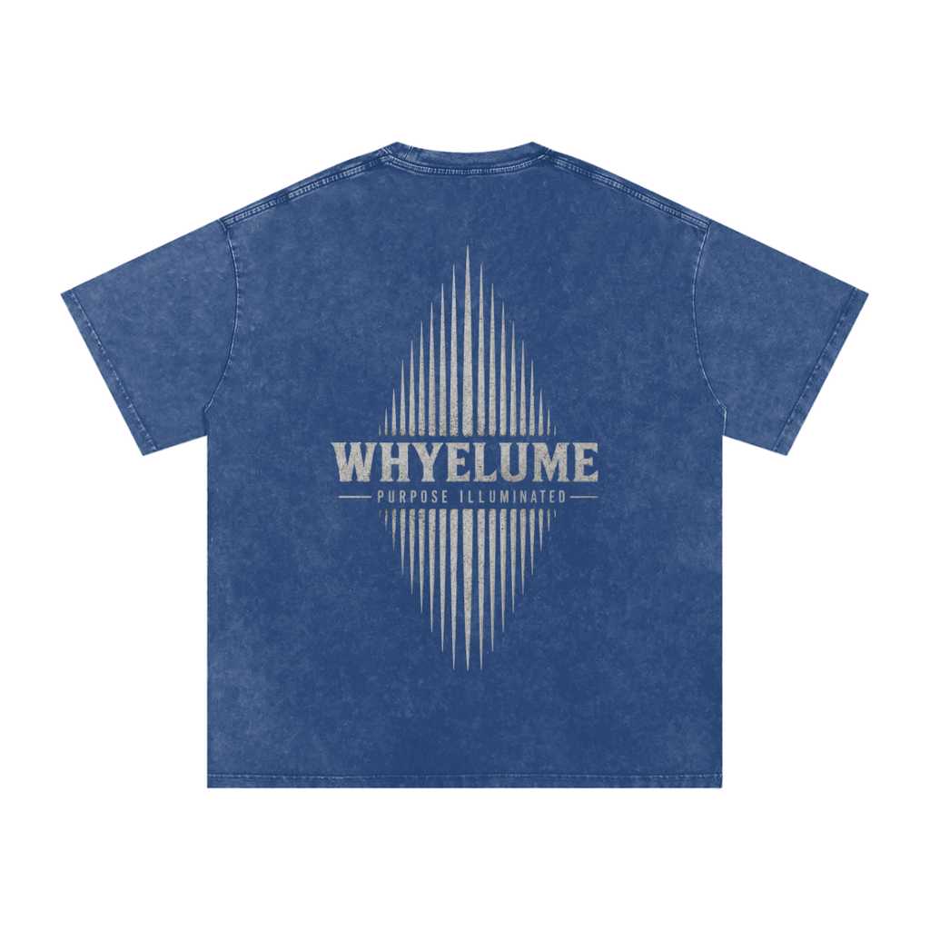 Back view of dark blue snow washed WHYELUME Essentials Radiant Mark tee with white radiant burst graphic