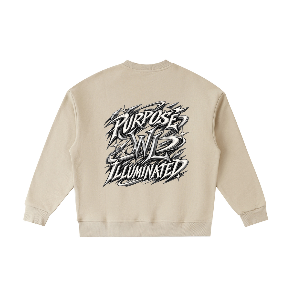 Back view of khaki WHYELUME Kids Purpose Illuminated crewneck with black Purpose Illuminated graphic