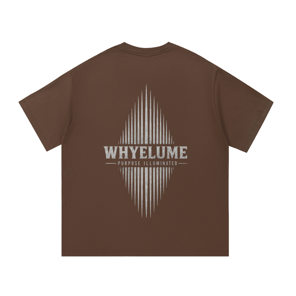 Back view of coffee WHYELUME Essentials Radiant Mark tee with white radiant burst graphic
