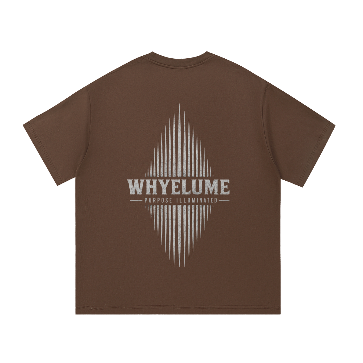 Back view of coffee WHYELUME Essentials Radiant Mark tee with white radiant burst graphic