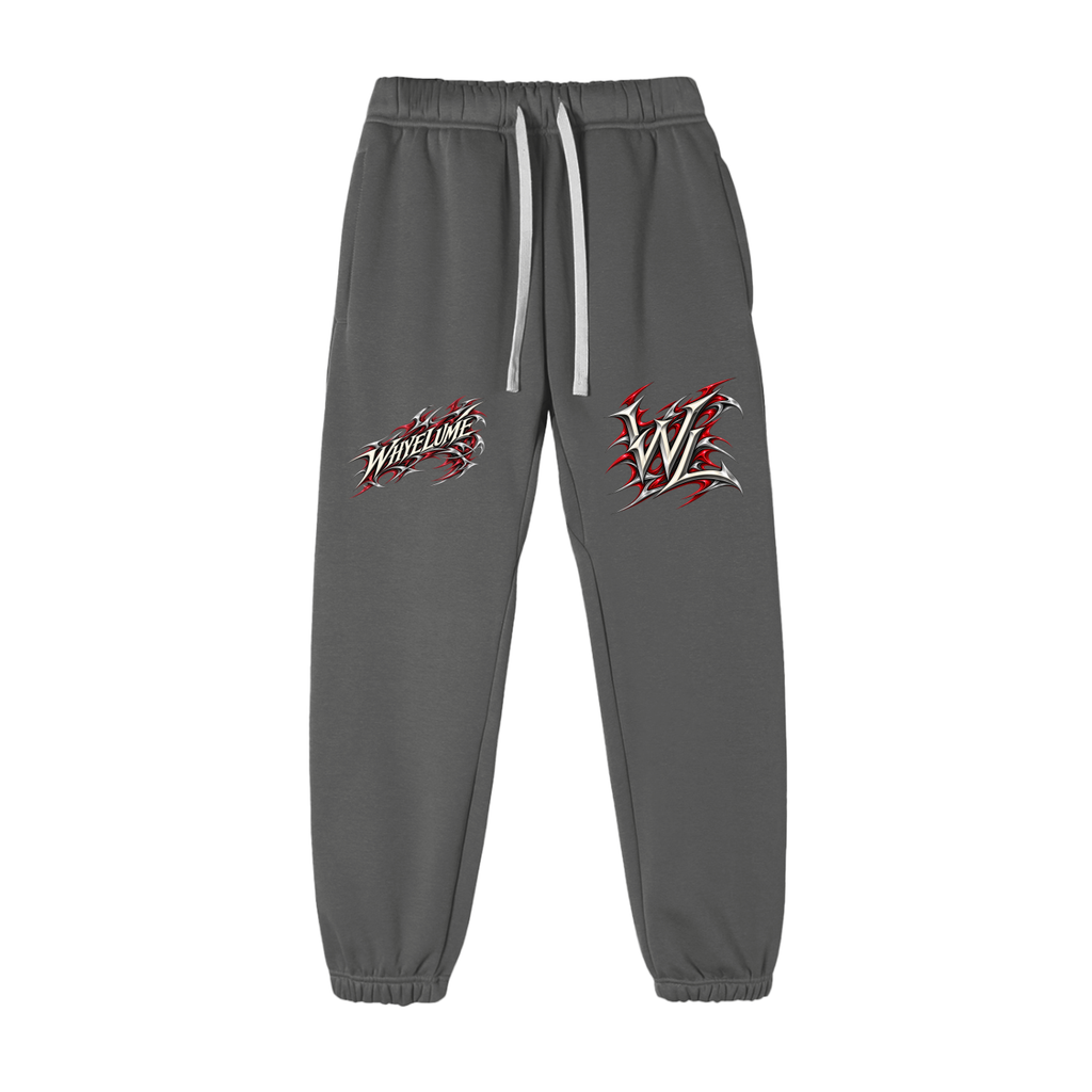 Front view of cement gray WHYELUME Purpose Illuminated essential fleece sweatpants with red WHYELUME script and WL hip graphics