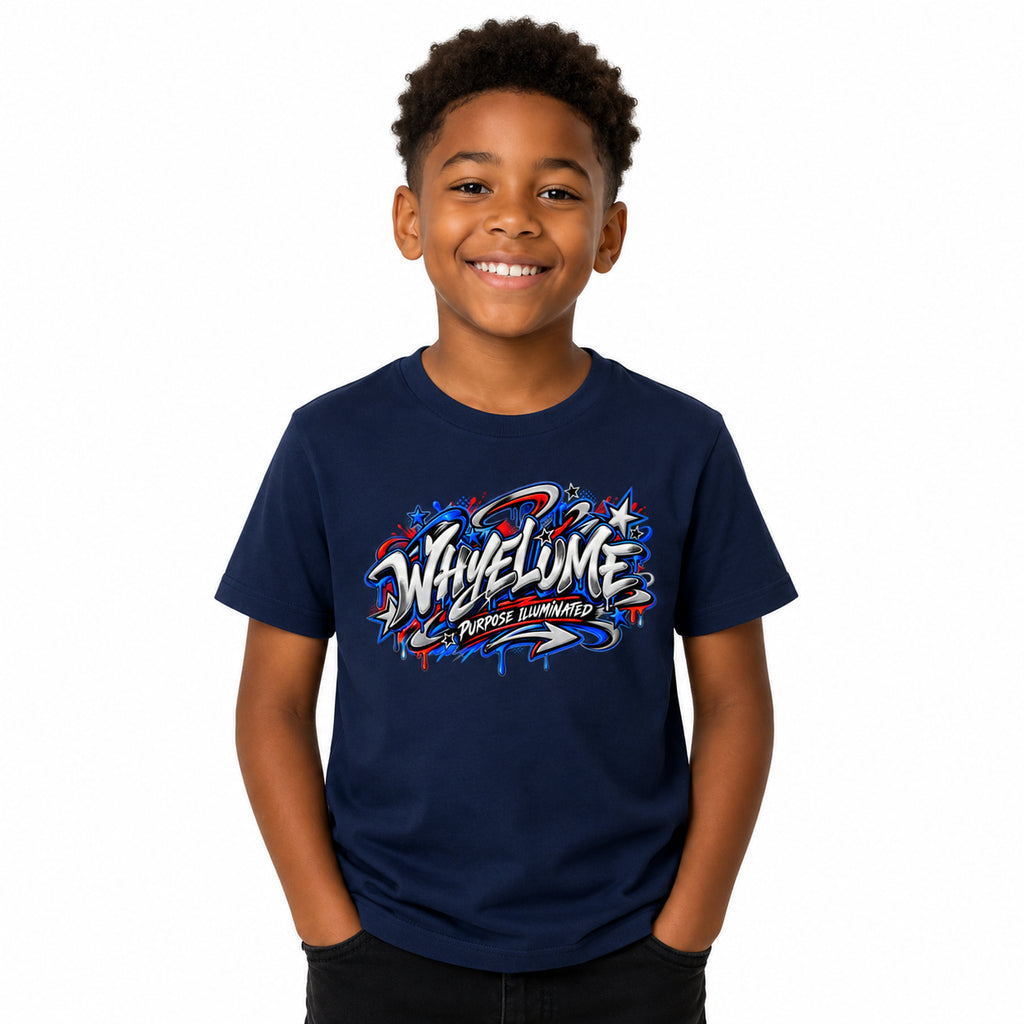 Boy wearing navy blue WHYELUME Kids Street Energy tee with graffiti logo graphic