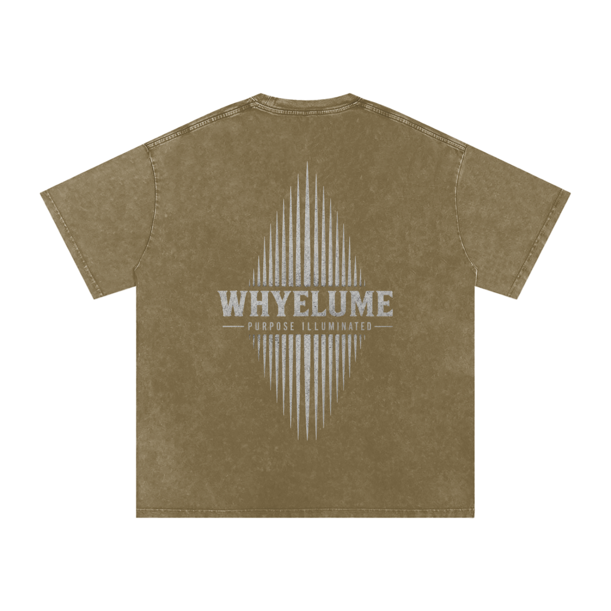 Back view of gray green snow washed WHYELUME Essentials Radiant Mark tee with white radiant burst graphic