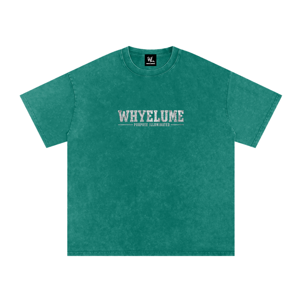 Front view of dark green snow washed WHYELUME Essentials Radiant Mark tee with small white wordmark chest graphic