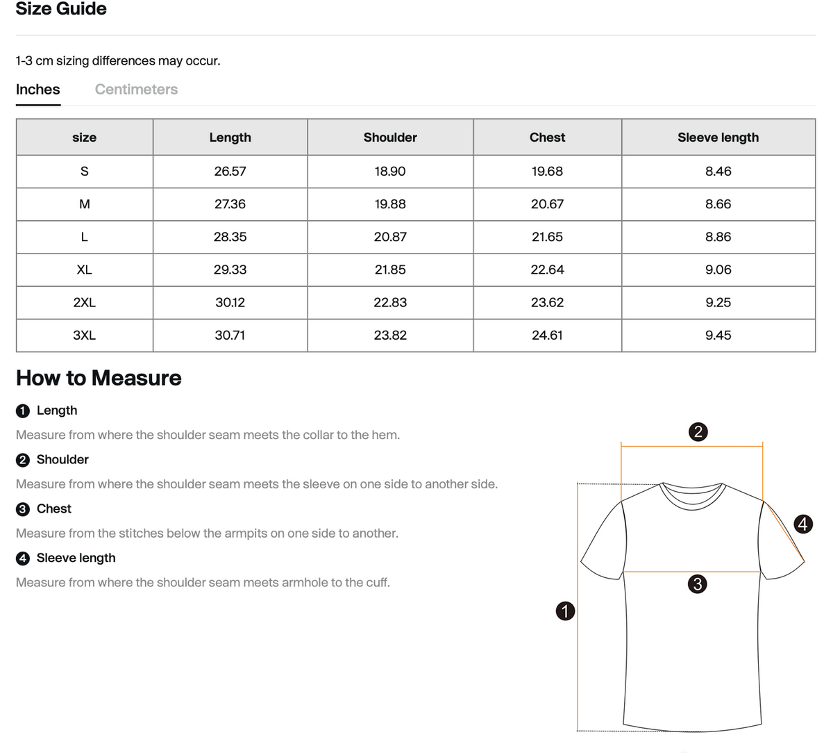 Size chart for WHYELUME Weathered Mark cotton tee with length, shoulder, chest, and sleeve measurements in inches