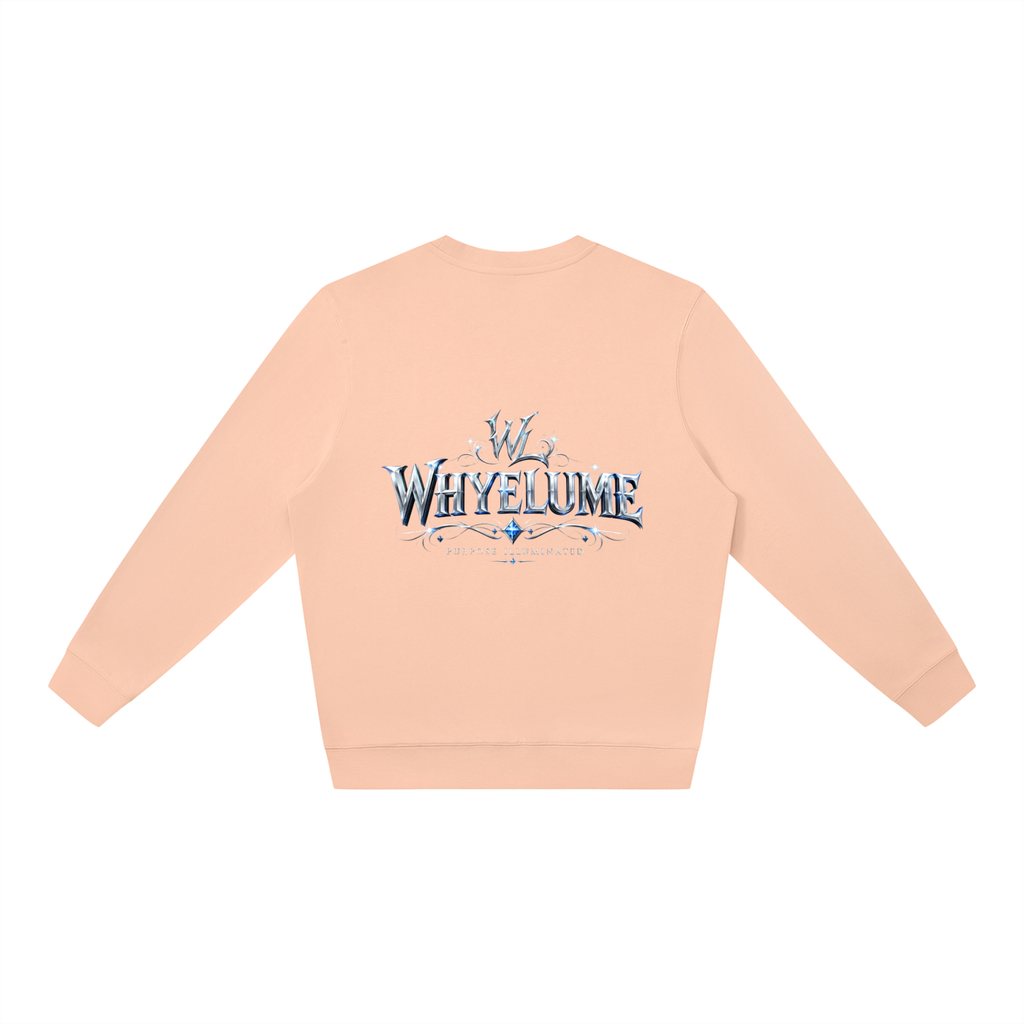 Back view of pink WHYELUME Silver Crest crewneck sweatshirt with silver crest wordmark graphic