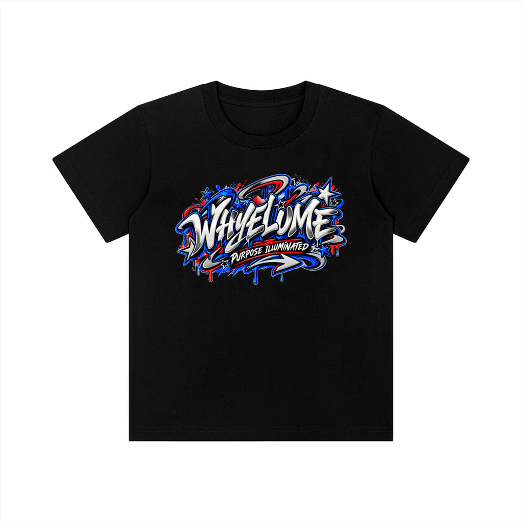 Front view of black WHYELUME Kids Street Energy tee with blue and red graffiti logo graphic