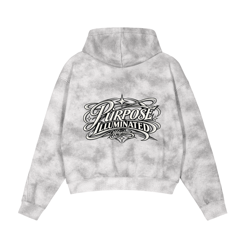Back view of flower gray WHYELUME Purpose Illuminated dirty washed fleece hoodie with black Purpose Illuminated script graphic