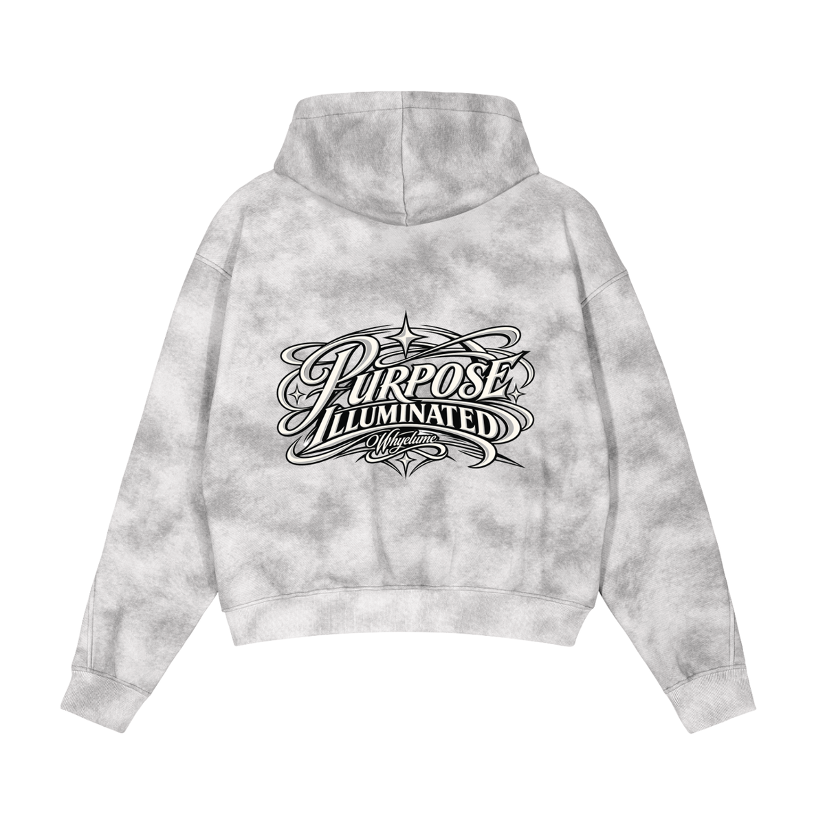 Back view of flower gray WHYELUME Purpose Illuminated dirty washed fleece hoodie with black Purpose Illuminated script graphic