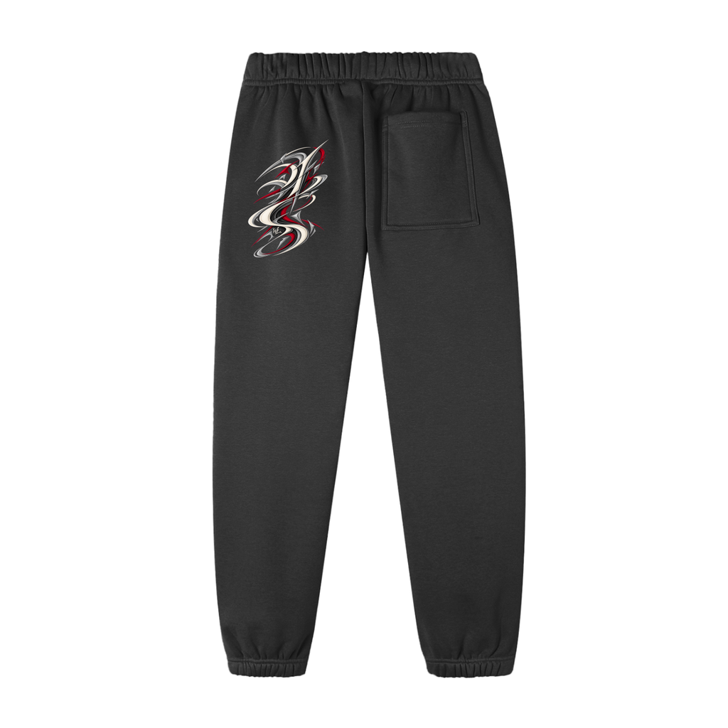 Back view of black WHYELUME Purpose Illuminated essential fleece sweatpants with small red back leg graphic