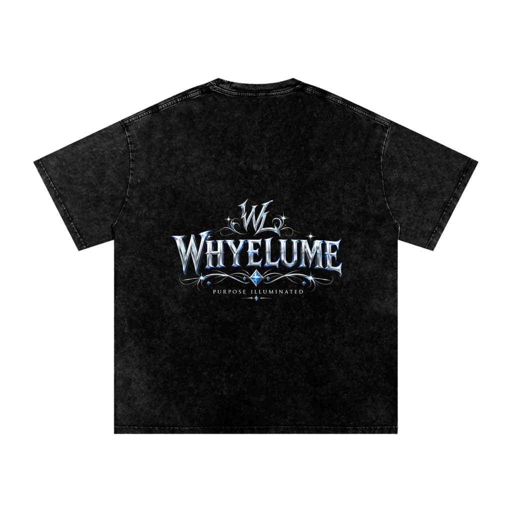 Back view of black snow washed WHYELUME Silver Crest tee with silver crest wordmark graphic
