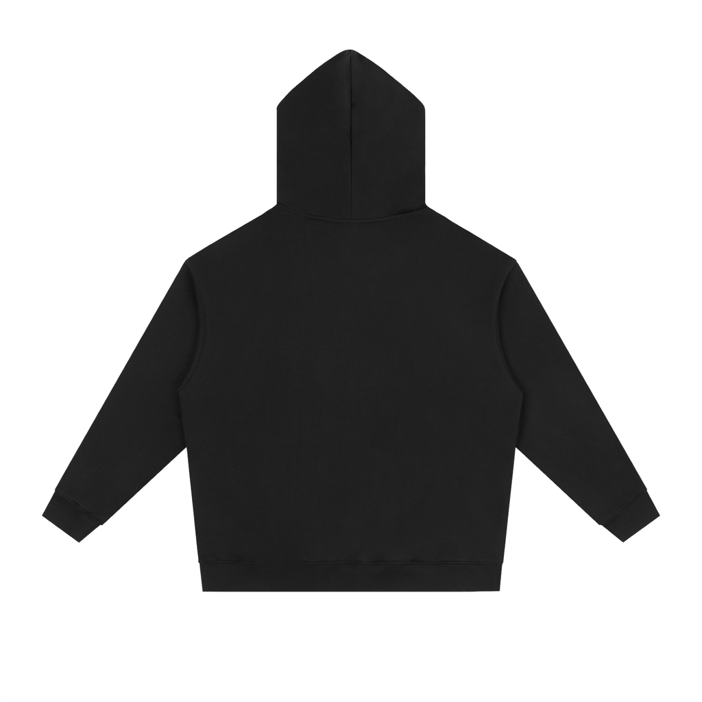 Back view of black WHYELUME Silver Crest drop-shoulder hoodie with no print