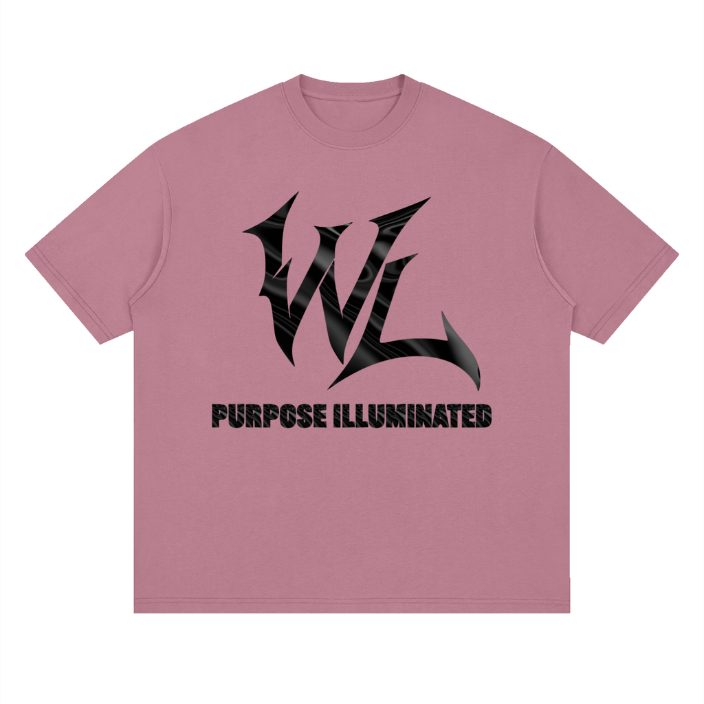 Front view of bean paste red WHYELUME Silk Frame drop shoulder tee with black WL graphic