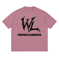 Front view of bean paste red WHYELUME Silk Frame drop shoulder tee with black WL graphic