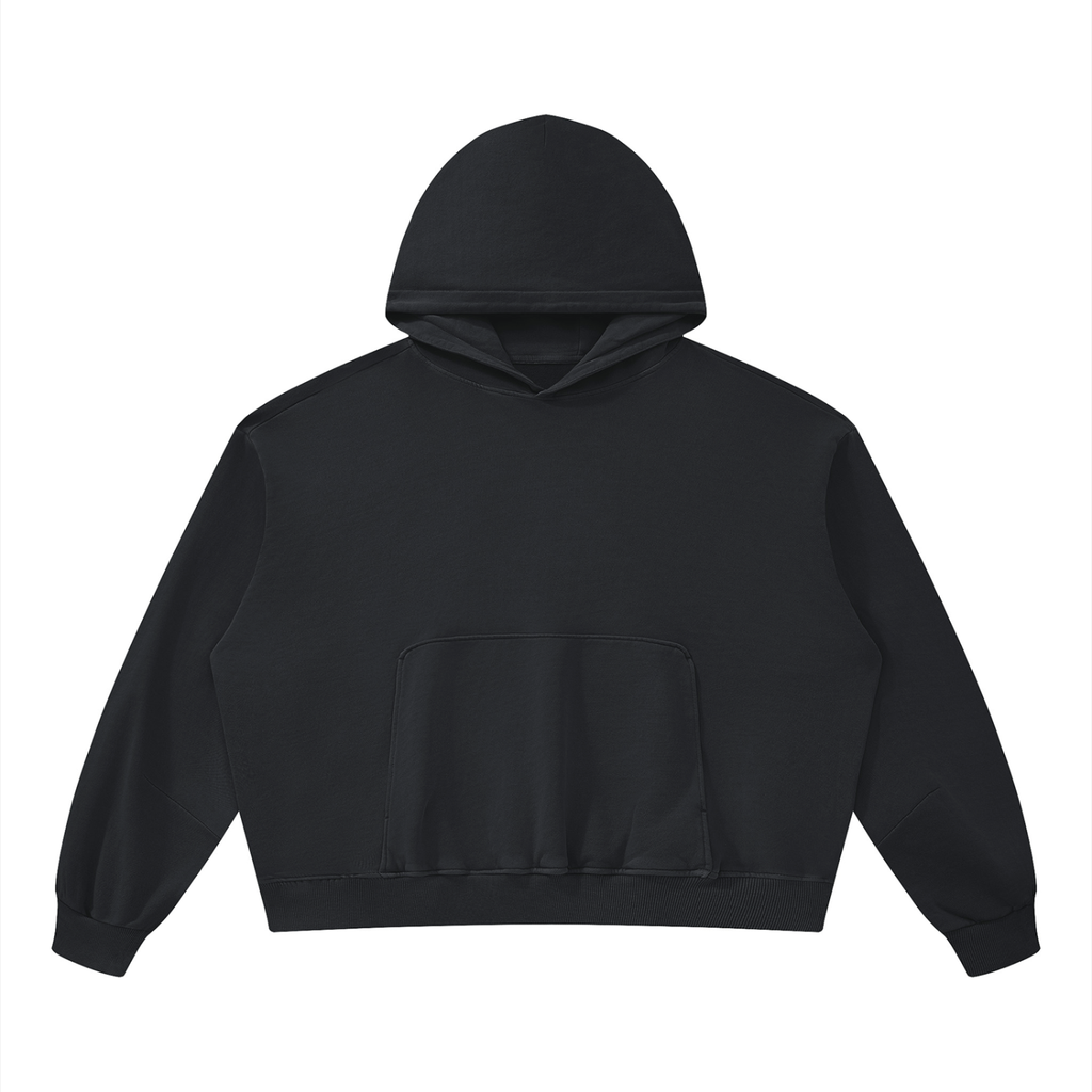 Front view of black WHYELUME Purpose Illuminated vintage washed boxy hoodie with no front print