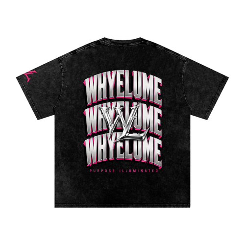 Back view of black snow washed WHYELUME Chrome Stack tee with white and pink stacked wordmark graphic