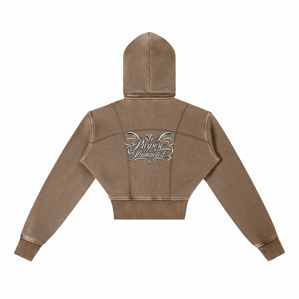 Back view of coffee WHYELUME Purpose Illuminated cropped fleece hoodie with white script back graphic
