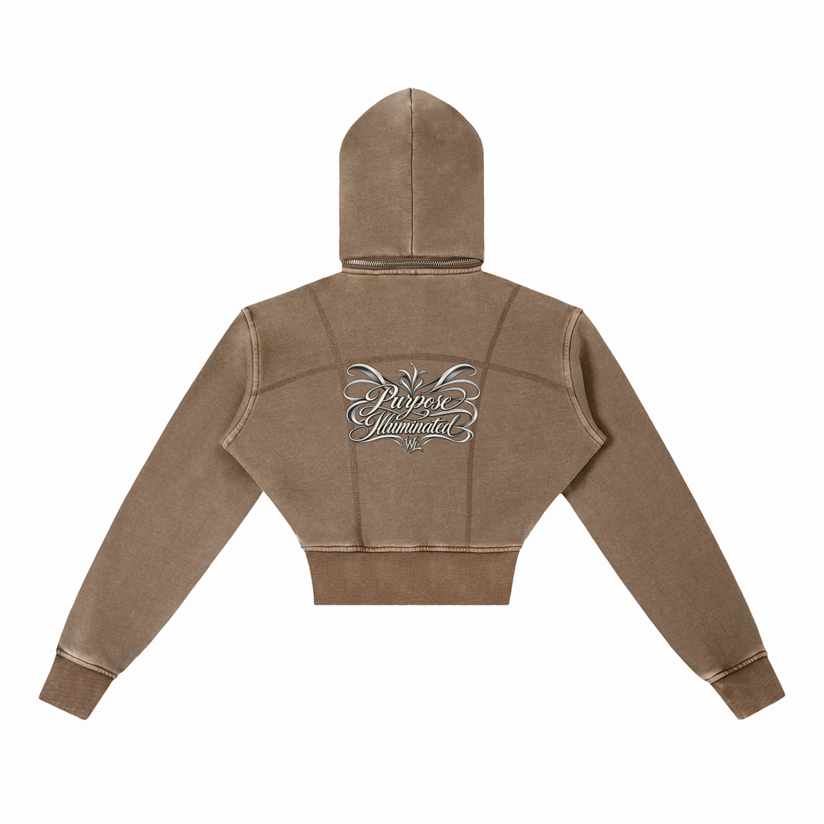 Back view of coffee WHYELUME Purpose Illuminated cropped fleece hoodie with white script back graphic