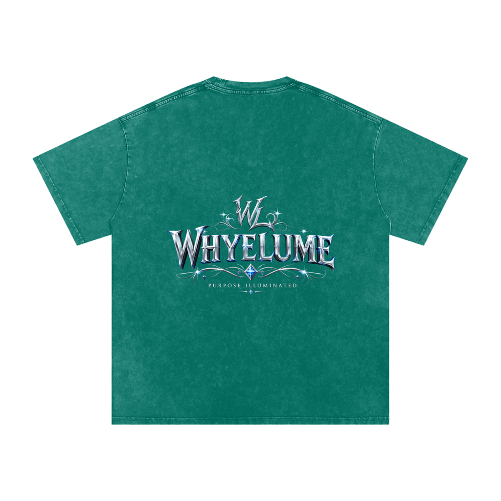 Back view of dark green snow washed WHYELUME Silver Crest tee with silver crest wordmark graphic