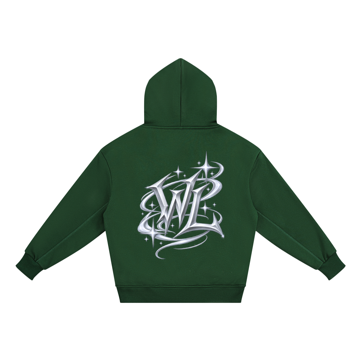 Back view of blackish green WHYELUME Kids Radiant WL hoodie with white WL monogram graphic