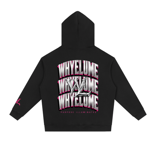 Back view of black WHYELUME Chrome Stack drop-shoulder hoodie with white and pink stacked wordmark graphic