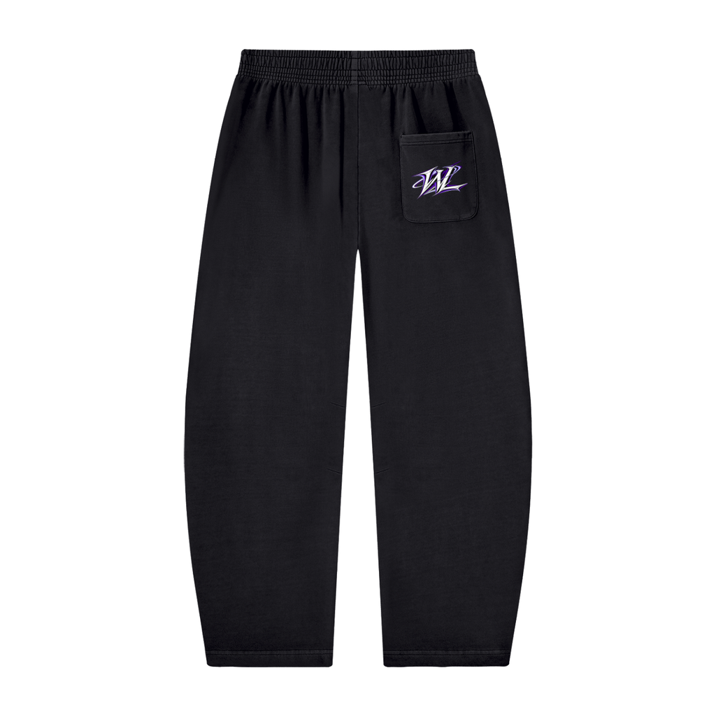 Back view of black WHYELUME Purpose Illuminated purple graphic barrel-leg sweatpants with white WL hip mark